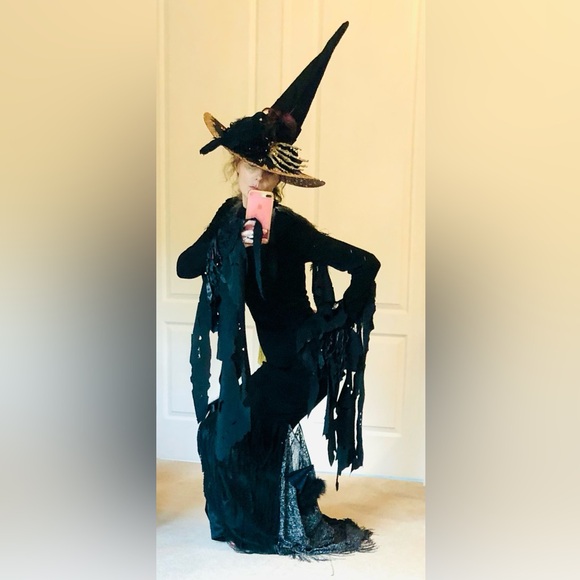 Witch hat, black satin Green sparkles, extra large, green butterfly & spiders OS - Picture 14 of 15